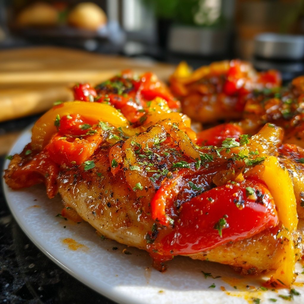 Hähnchen mit geschmorten Paprika Tomaten