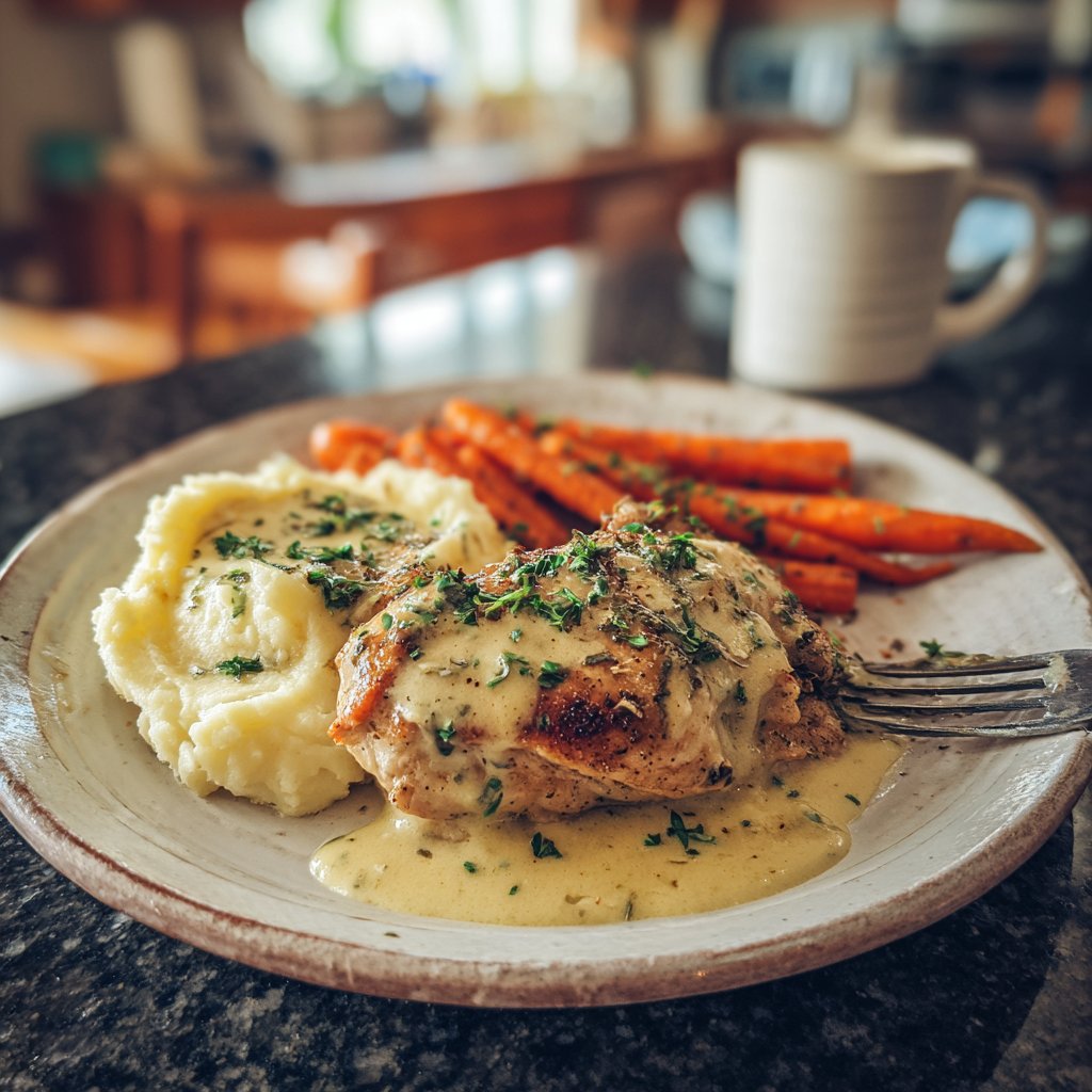 Cremiges Kräuterhuhn mit pürierten Kartoffeln und gerösteten Karotten