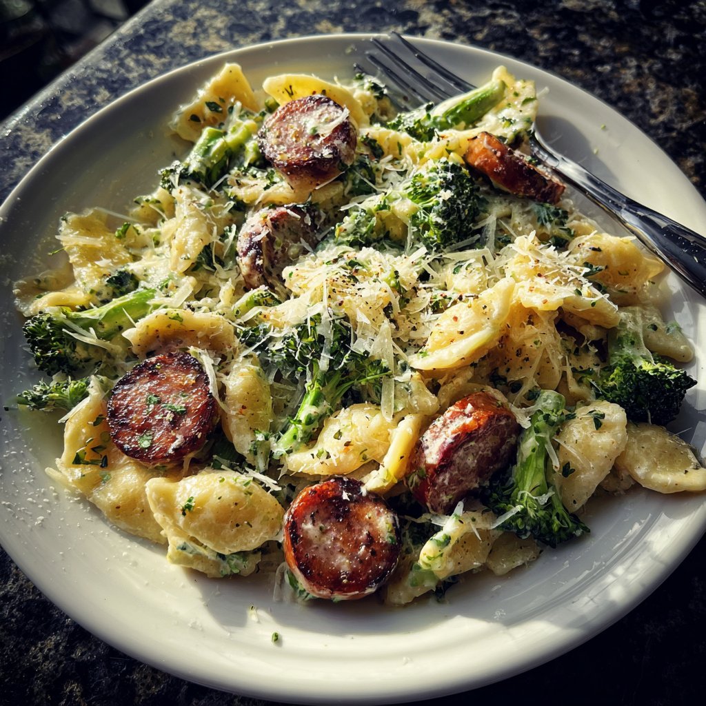 One Pot Creamy Cajun Sausage Pasta mit Brokkoli